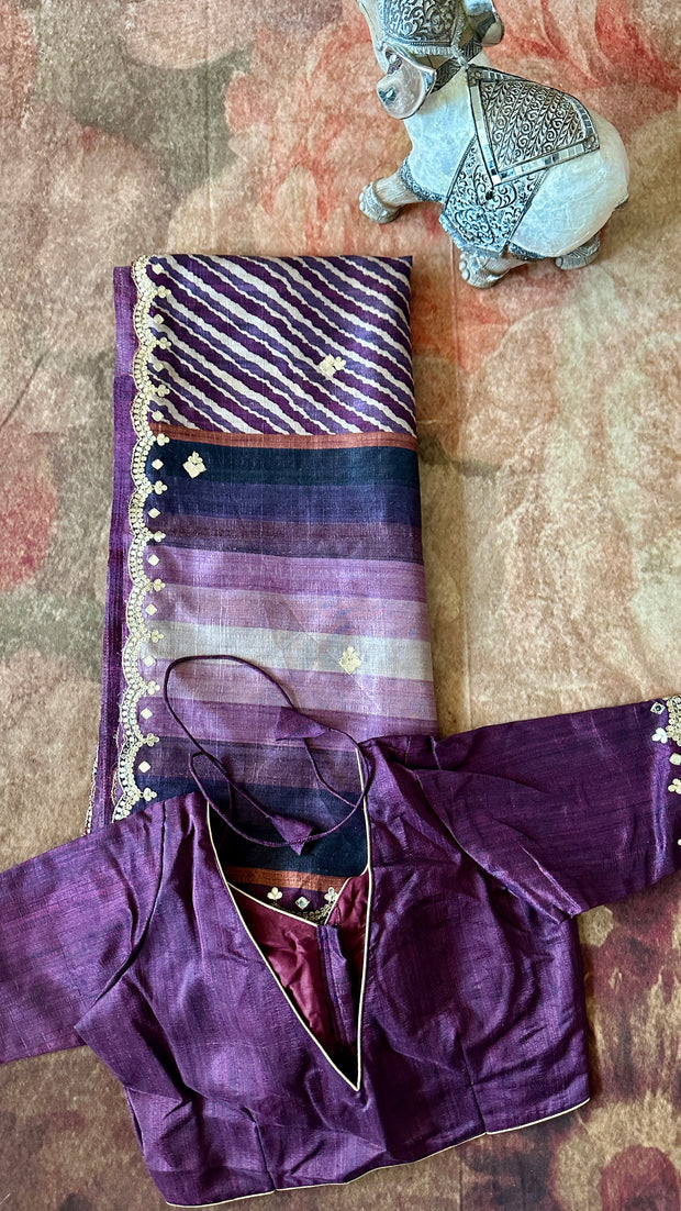 Dark Eggplant Tussar Silk Saree with Gotta Work and stitched blouse