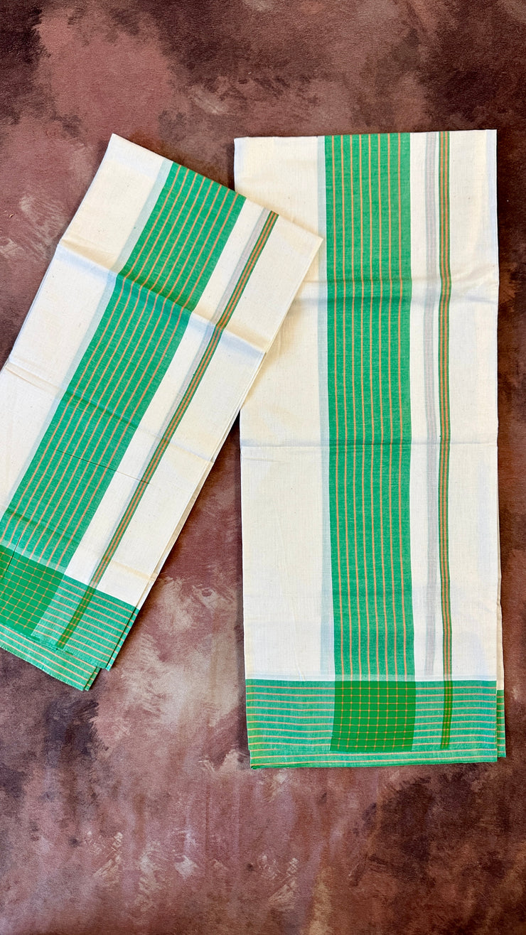 Soft cotton mulloth set mundu with green border