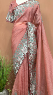 Crushed tissue saree with cut work and stitched blouse