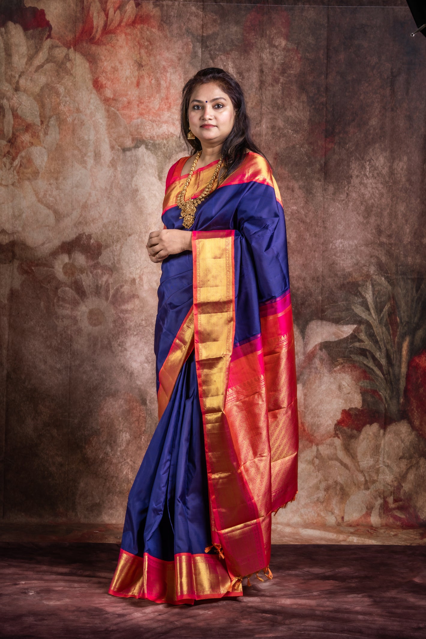 Handwoven Blue and orange pink pure silk kanchivaram silk saree with stitched blouse