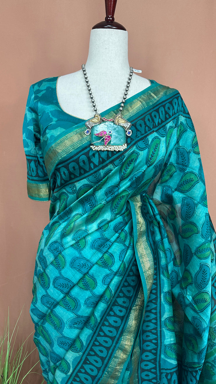 Handblock printed Maheswari cotton silk saree with stitched designer blouse