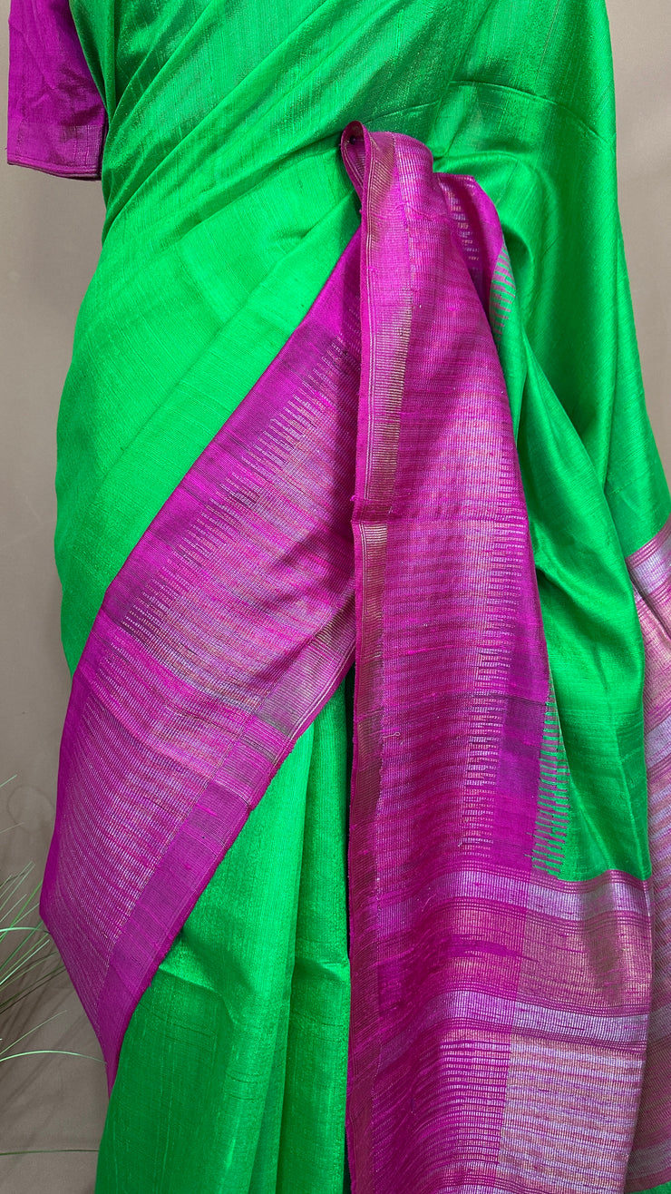 Green and Pink combo pure raw silk saree with stitched blouse