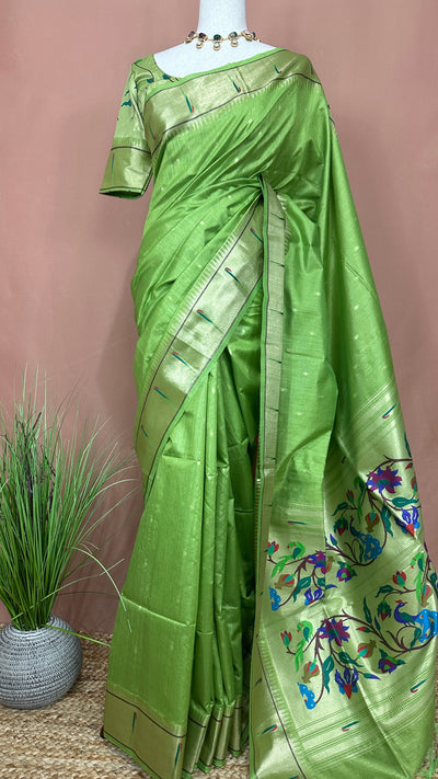 Semi tussar silk saree with Paithani weave, with stitched blouse