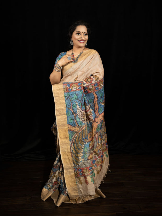 Kalamkari Hand Painted Pure Tussar Saree with stitched blouse