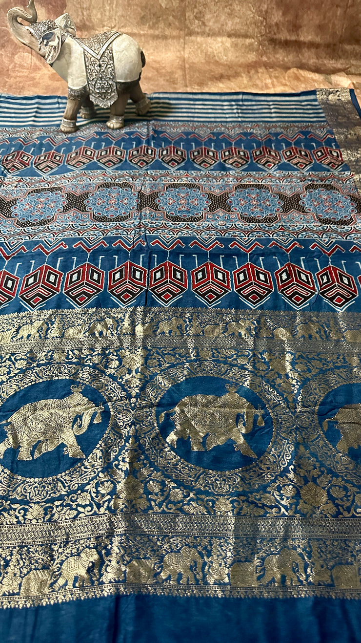 Indigo Blue Ajrakh hand block printed dola silk saree with stitched blouse