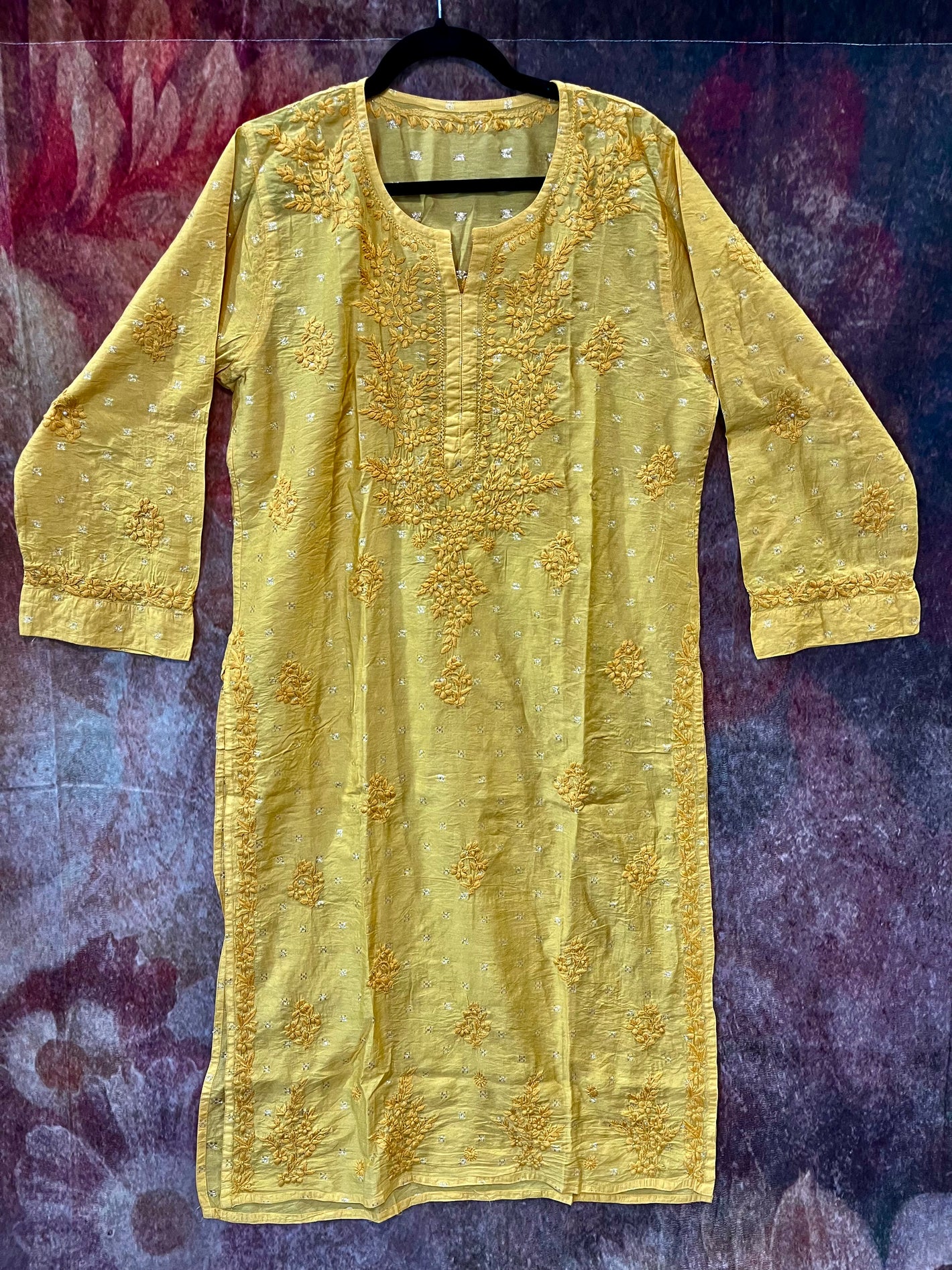 Mustard yellow color Banarsi silk chikankari kurti