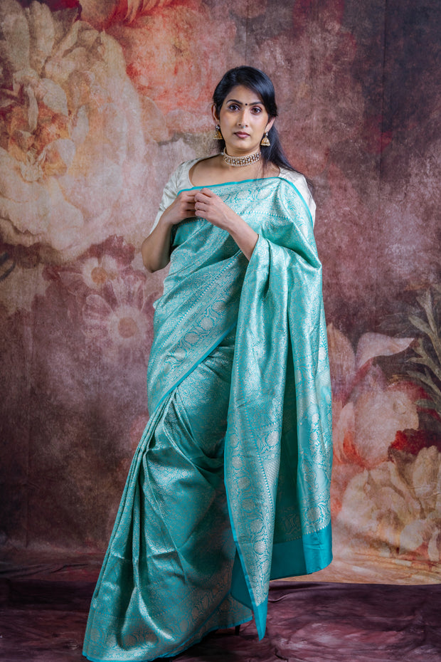 Copper sulphate blue pure katan banarsi saree with stitched blouse