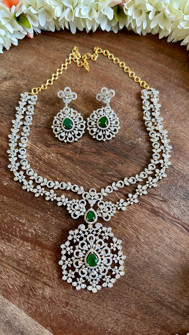 Diamond replica necklace with green stone and earring