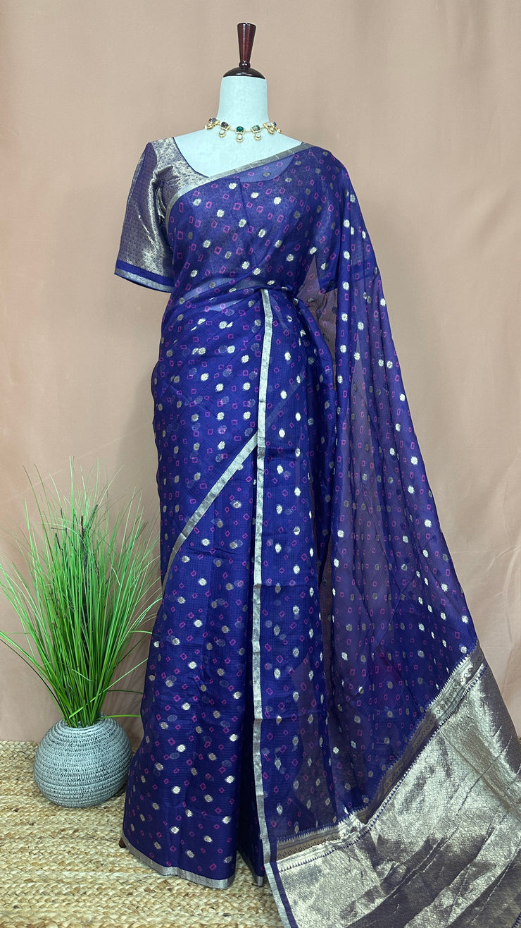 Blue Silk Katan Kotta Bandhej Saree with Stitched Blouse