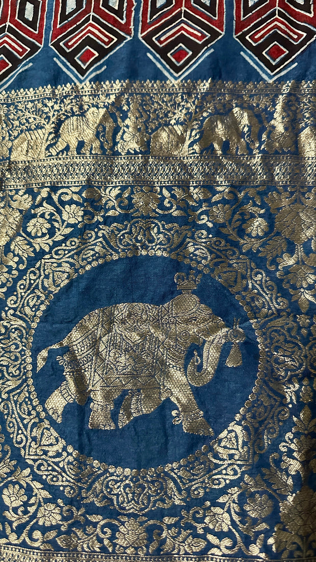 Indigo Blue Ajrakh hand block printed dola silk saree with stitched blouse