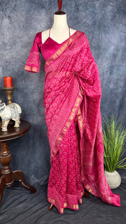 Handblock printed Maheswari cotton silk saree with stitched designer blouse