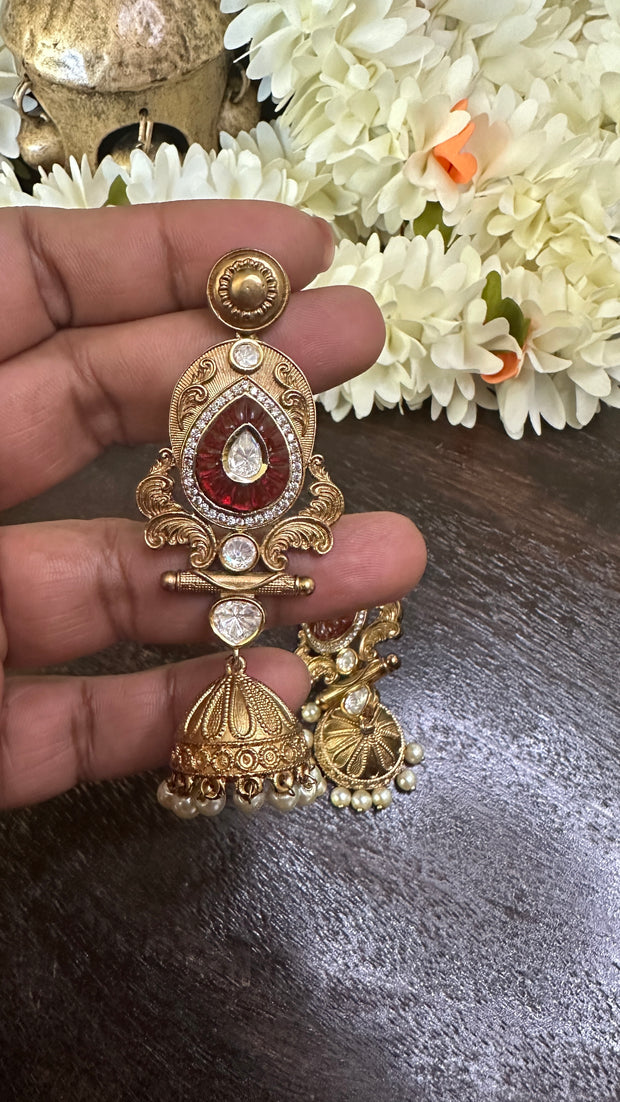 Moissanite stone Jhumka with Maroon carved stone