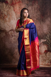 Handwoven Blue and orange pink pure silk kanchivaram silk saree with stitched blouse