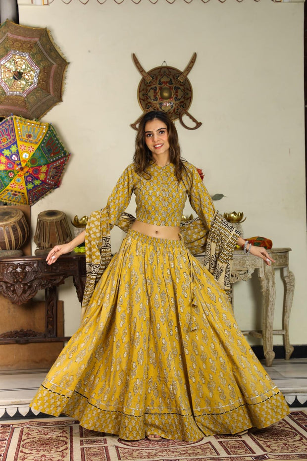Yellow printed cotton skirt, blouse and dupatta