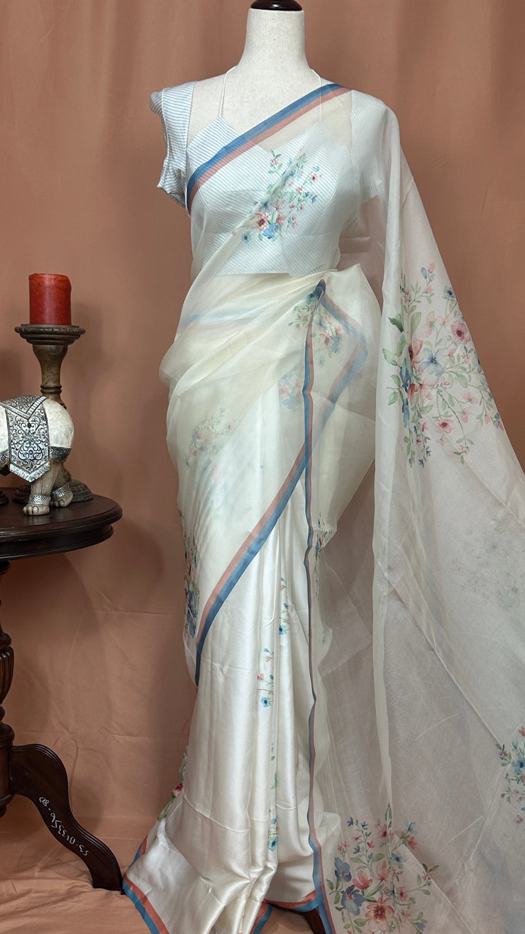 White floral printed Alia bhatt half organza and half satin silk saree with stiched blouse