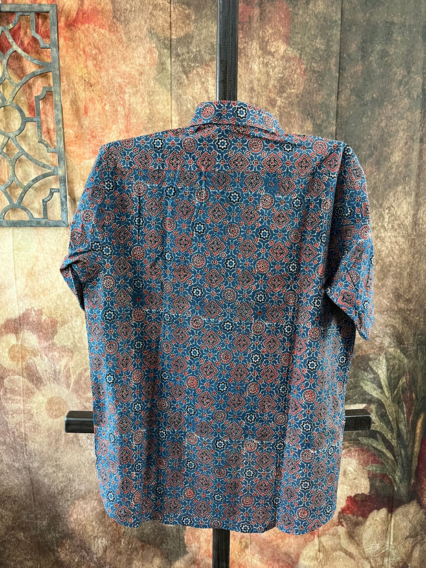 Indigo blue ajrakh hand block printed cotton shirt- Size 38