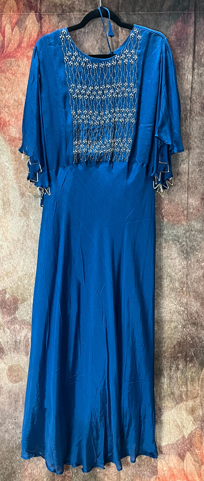 Blue gown with sleeve pattern and belt