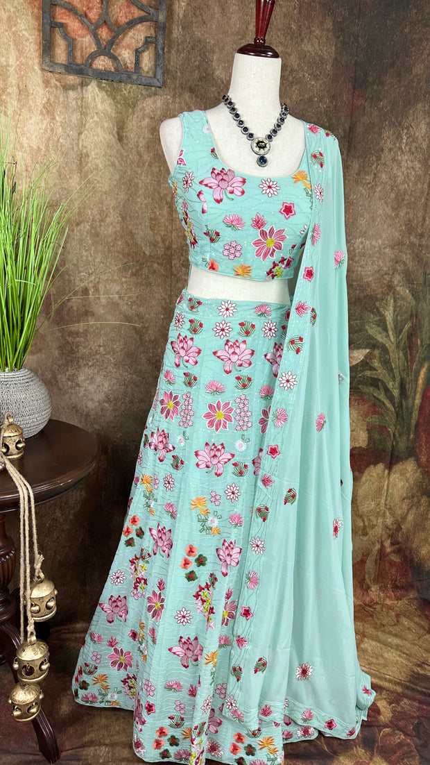 Pastel blue lehenga with embroidery