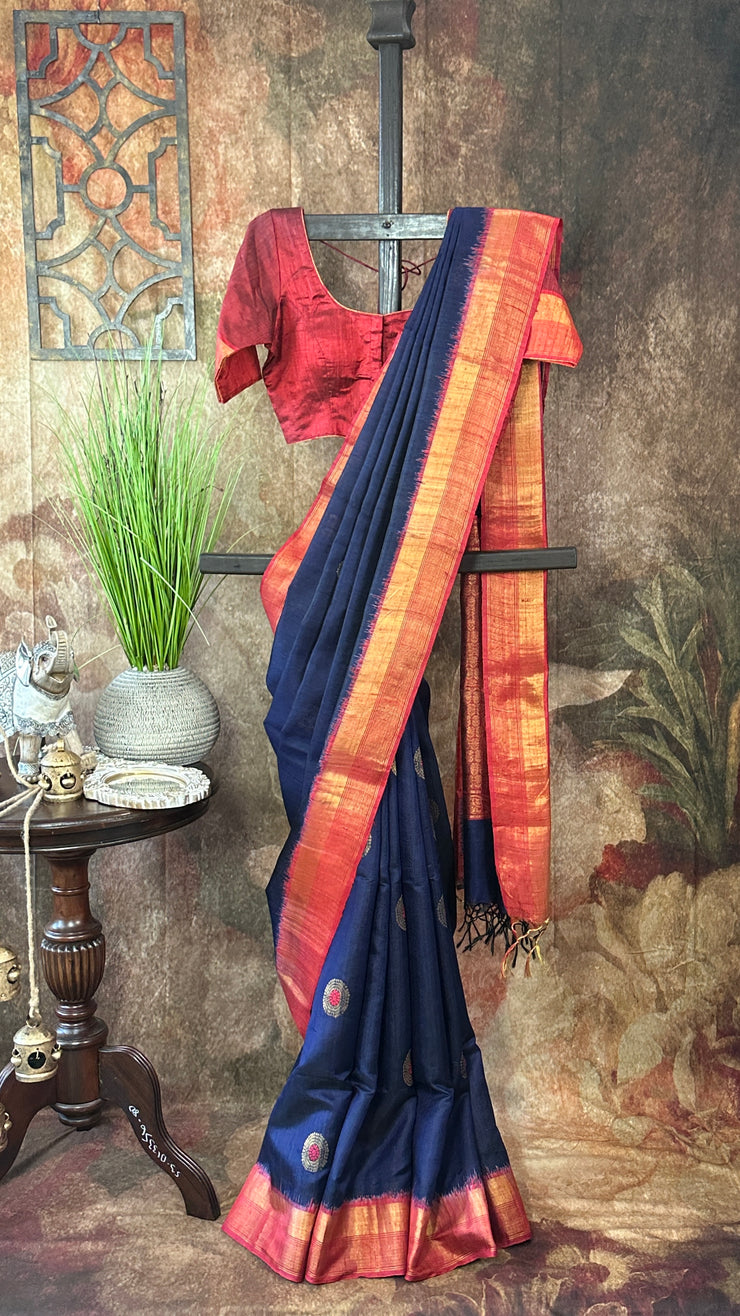 Navy blue and brick red combo pure raw silk saree with stitched blouse