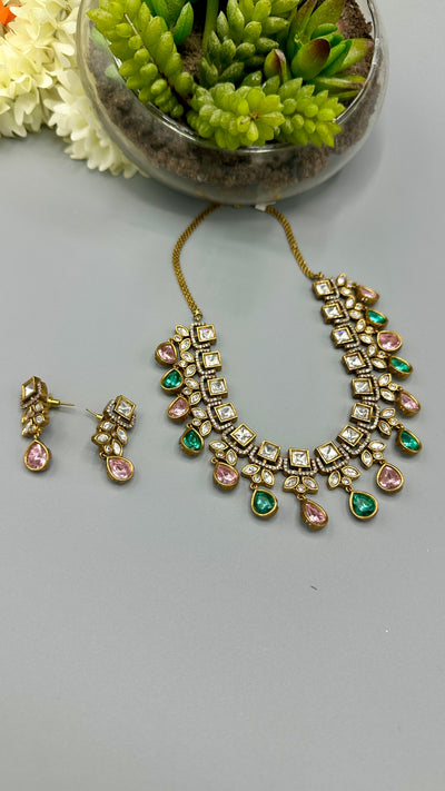 Moissanite stone necklace with light pink and green stone and earring