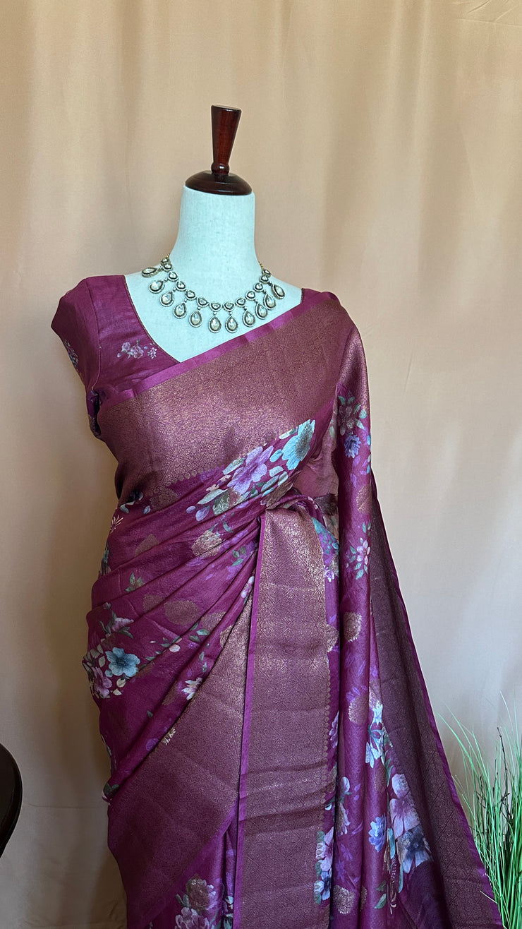 Floral printed pure tussar banarsi with stitched blouse