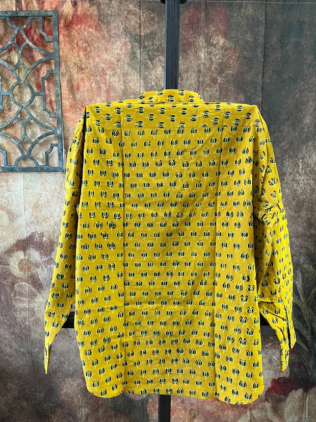 Mustard yellow ajrakh hand block printed cotton shirt- Size 40