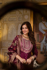 Maroon flared kurti with bottom and banarsi dupatta