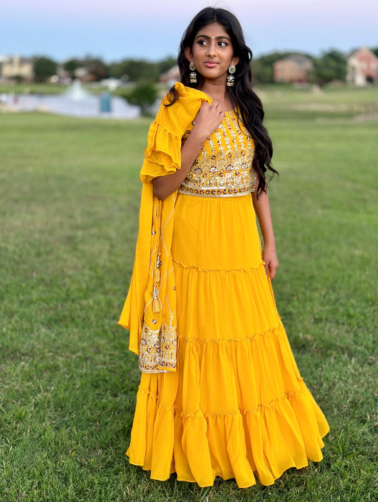 Mustard yellow lehanga with shrug