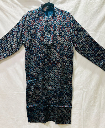 Indigo blue Ajrakh hand block printed modal silk kurti