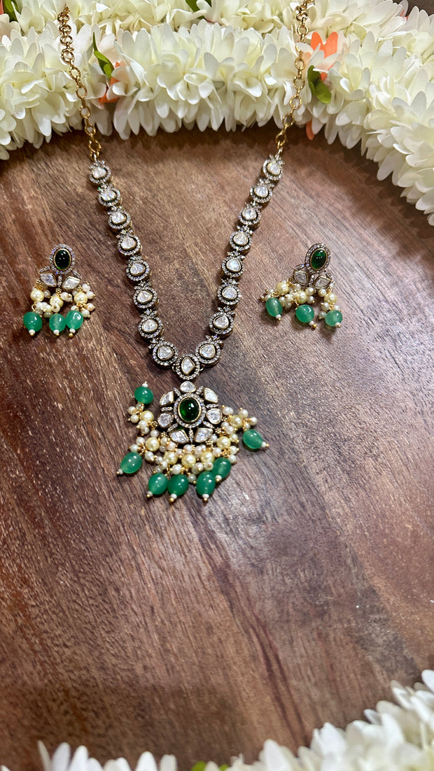 Kundan stone neckalce with green beads and earring