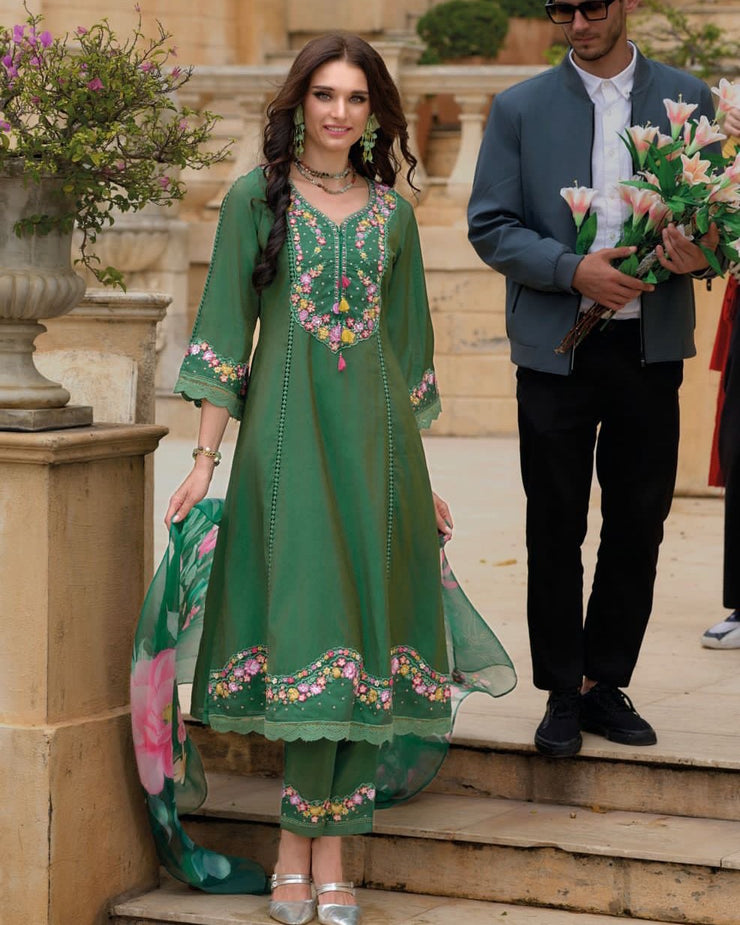 Bottle Green Kurti with emboidery , bottom and dupatta