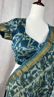 Handblock printed Maheswari cotton silk saree with stitched designer blouse