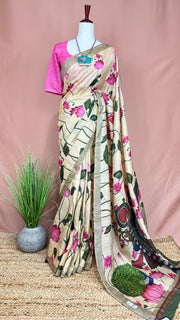 Off white pitchwai printed pure tussar silk saree with stitched blouse