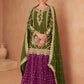 Olive green and purple short top with skirt and dupatta