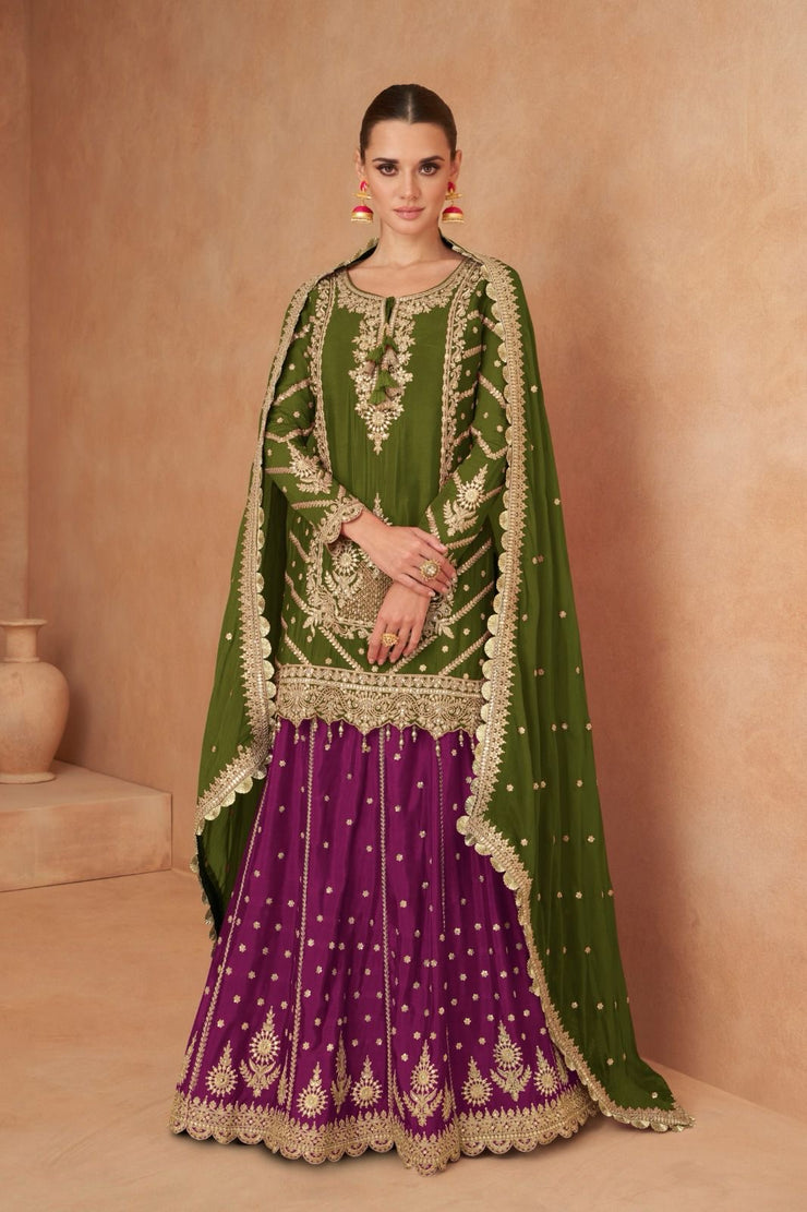 Olive green and purple short top with skirt and dupatta