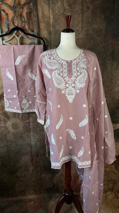 Dusty Pink kurti with white embroidery , palazzo pants and dupatta