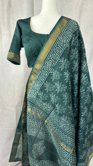 Handblock printed Maheswari cotton silk saree with stitched designer blouse