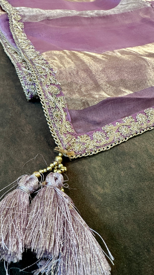 Lilac tissue organza designer silk saree with stitched blouse