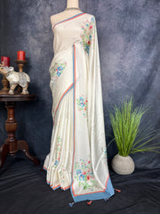 White floral printed Alia bhatt pure satin silk saree with stiched blouse