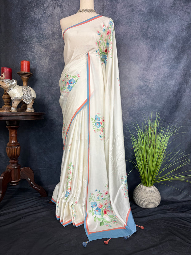 White floral printed Alia bhatt pure satin silk saree with stiched blouse