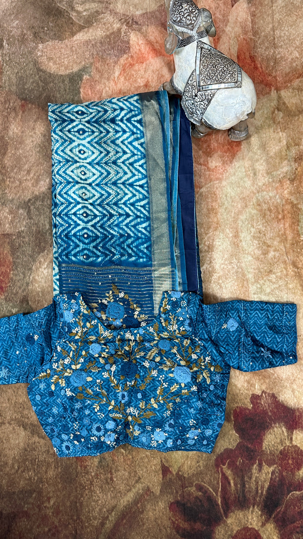 Indigo Blue Munga Silk Saree with Handwork and Stitched Blouse