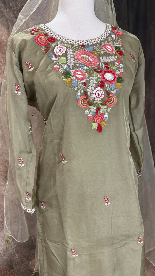 Olive green embroidered kurti with gharah and dupatta