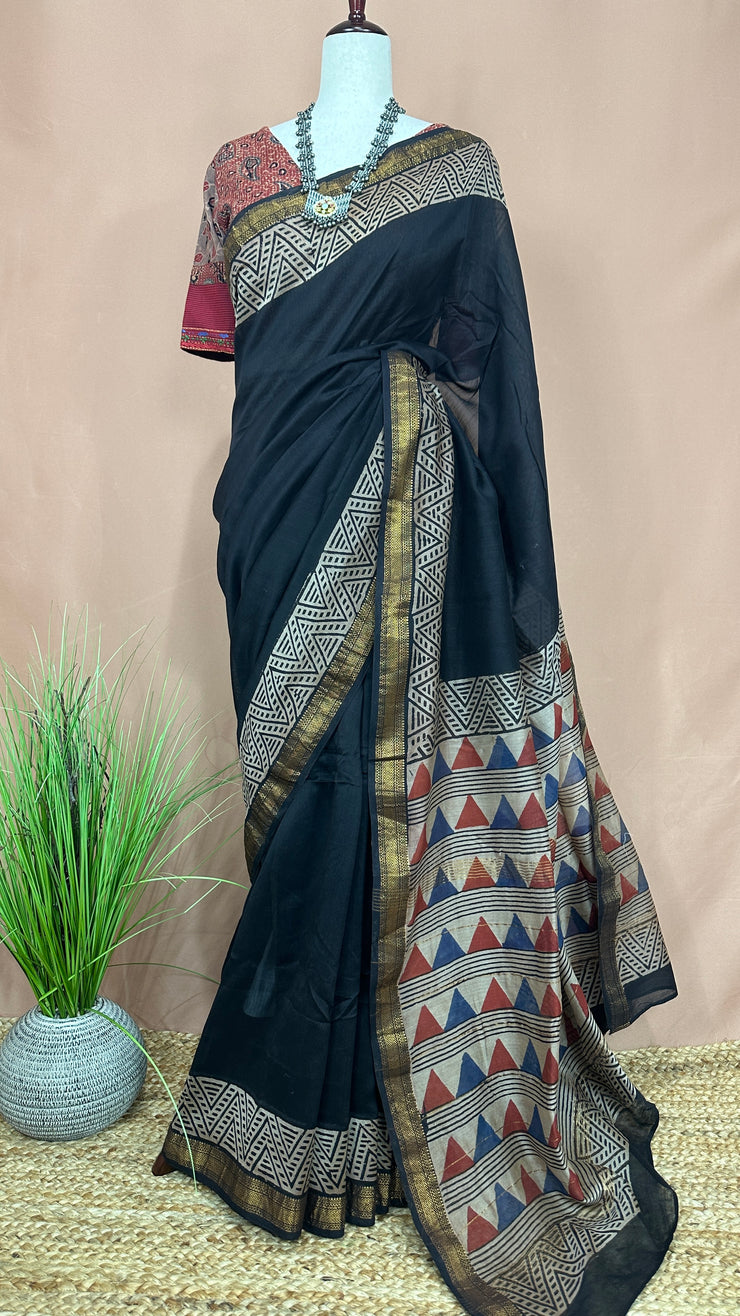 Handblock printed Maheswari cotton silk saree