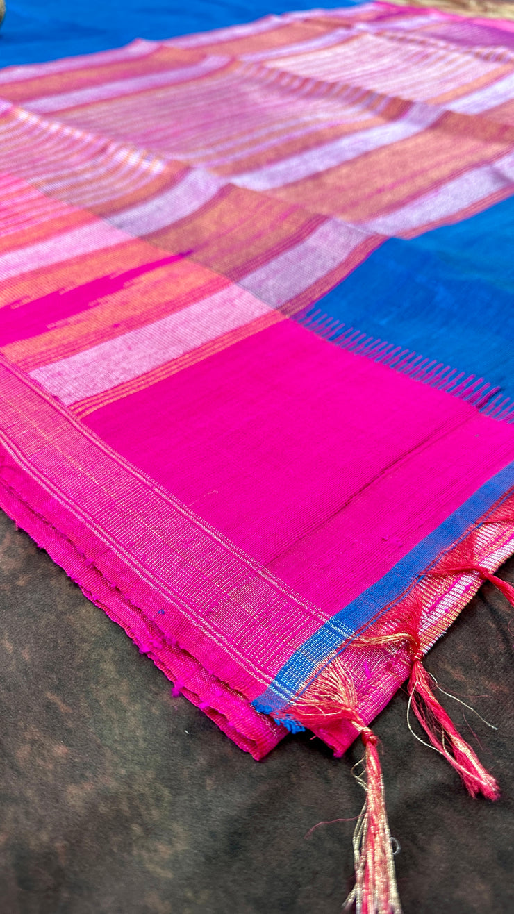 Ink Blue and Pink Combo Pure Raw Silk Saree with Stitched Blouse