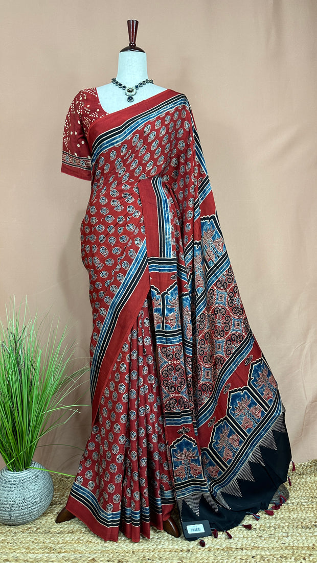 Ajrakh hand block printed Modal silk saree with stitched blouse