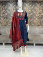 Indigo blue cotton kurti with mirror and handwork, with bottom and dupatta