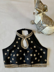 Black halter neck blouse with blouse kundan stone work