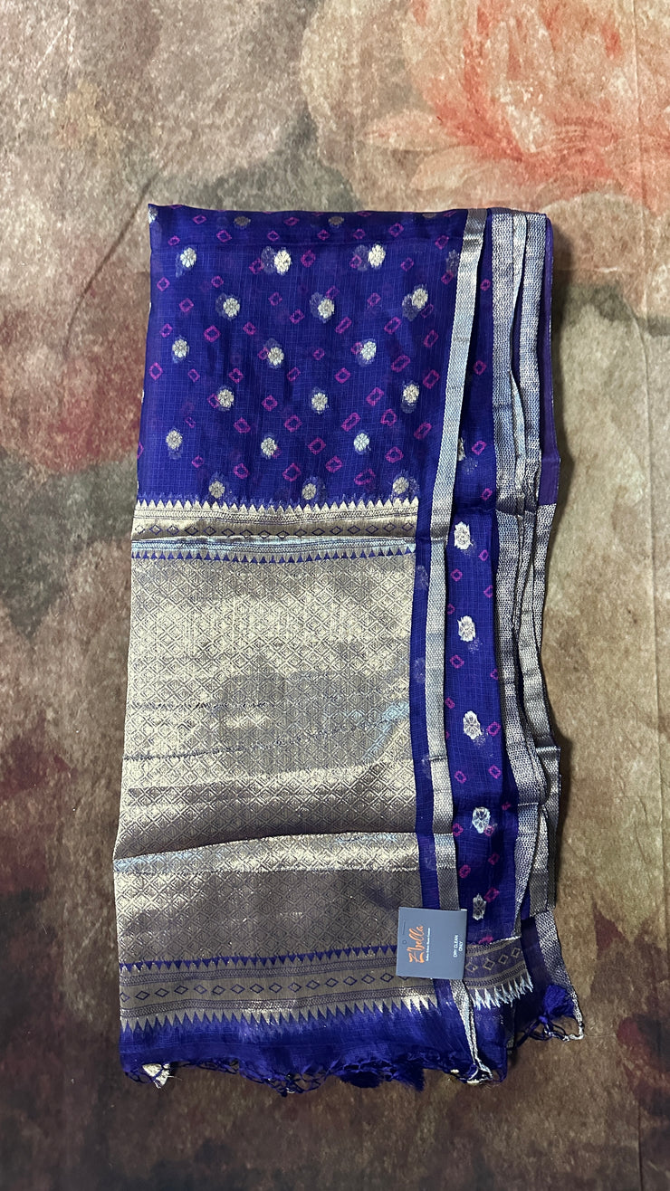 Blue Silk Katan Kotta Bandhej Saree with Stitched Blouse