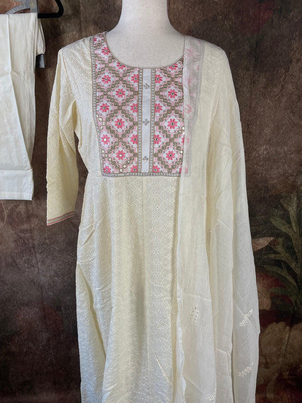 Off white flared anarkali with bottom and dupatta