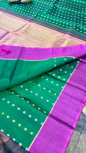 Bottle Green and Wine Red  Kanchivaram Silk Handwoven Saree with Stitched Blouse